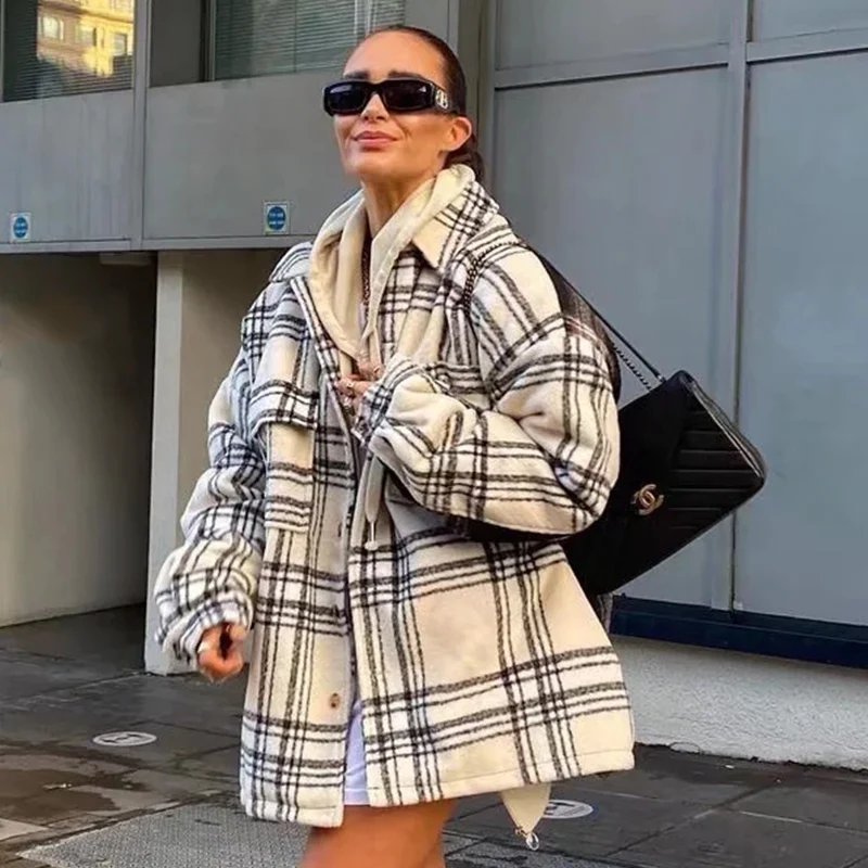

Foridol Plaid Pockets Woolen Coat Jacket for Women Winter Thick Vintage Beige Checked Long Coat Chaqueta Abrigo Mujer 2021
