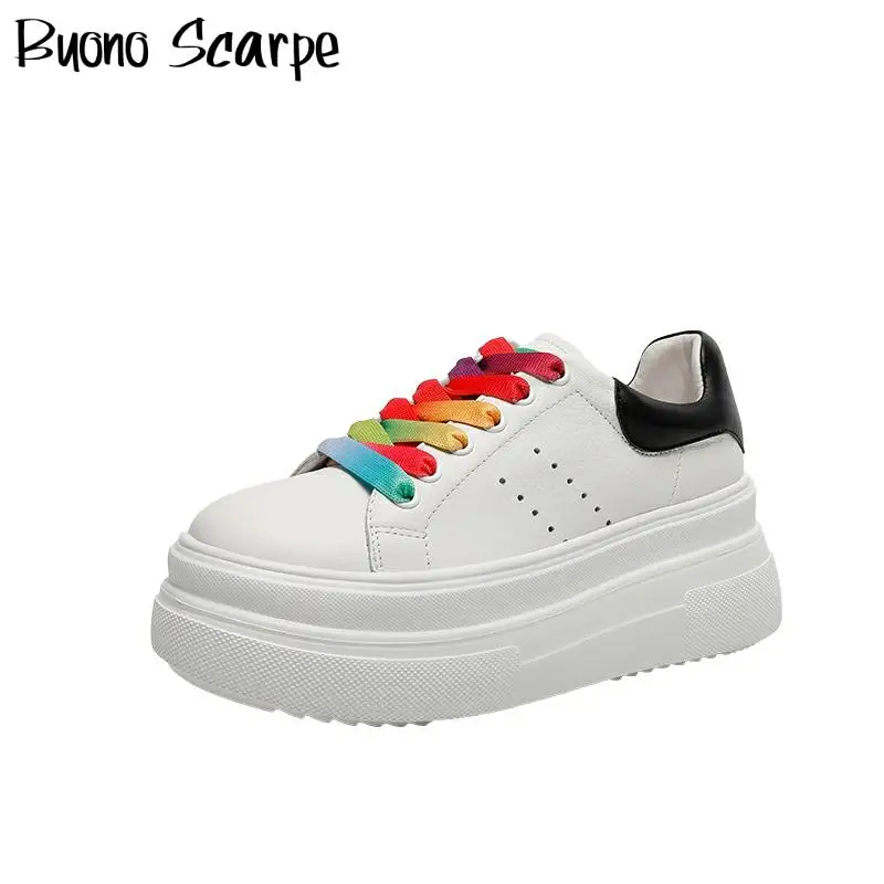 

Rainbow Laces Women Platform Sneakers Casual Genuine Learther White Shoes Thick Sole Platform Flat Sneakers Zapatos Mujer Shoes