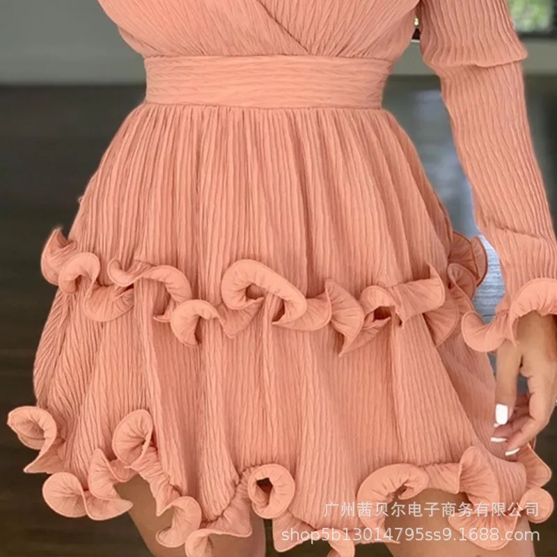 

WEPBEL Spring and Autumn Elegant Long Sleeve V-neck High Waist Stitching Dress Women's Sexy Solid Color Ruffles Dress