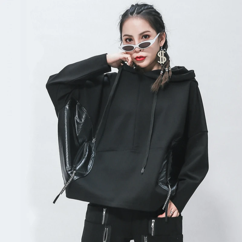 Women Batwing Sleeve Hoodies Top Base Coat Plus Size Loose Lace-up Hood Japan Ladies Hoodie Sweatshirt Black with Zip Pockets