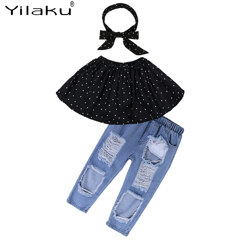 

Yilaku, одежда для девочек, летние комплекты одежды для девочек, топ без рукавов + повязка на голову + джинсы, детская одежда, костюм, комплекты д...