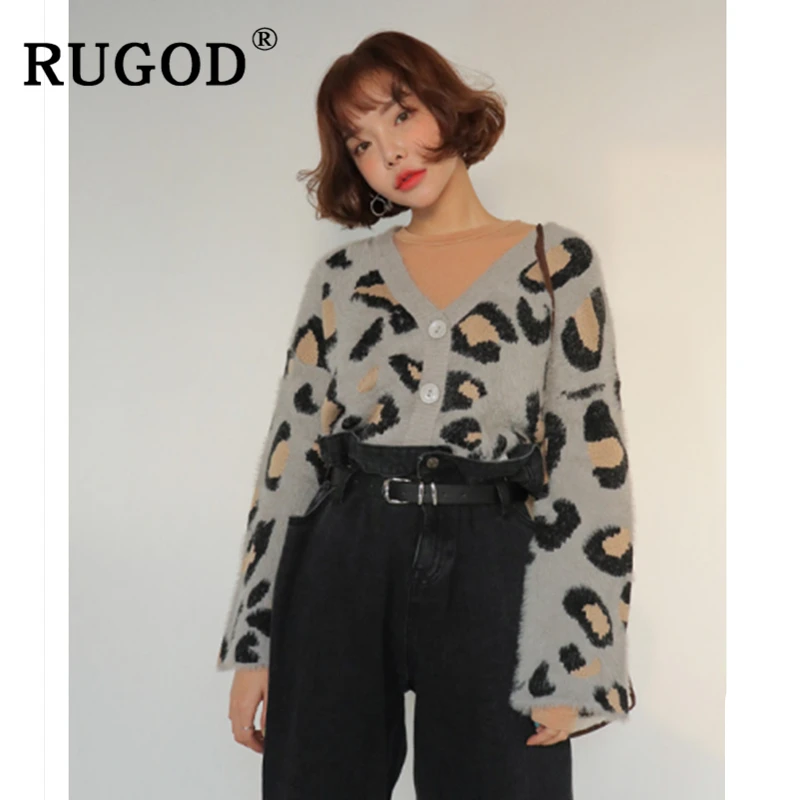 Женский кашемировый кардиган RUGOD вязаный с длинным рукавом и леопардовым принтом
