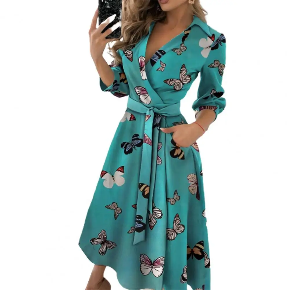 

Fashion Women Dress Long Sleeve Large Hem Deep V Neck Solid Color Printed Belt Dress Streetwear Spring/Summer Elegant Dresses