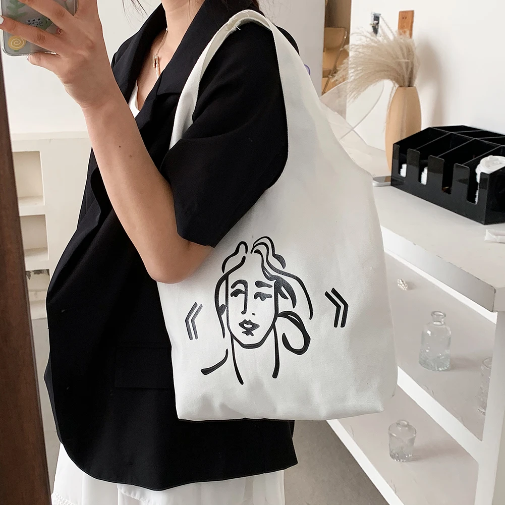 

Summer Canvas Shoulder Bag For Women 2021 Large Capacity Tote Bags Female Beach Bag Cool Character Drawing Open Pocket Handbags