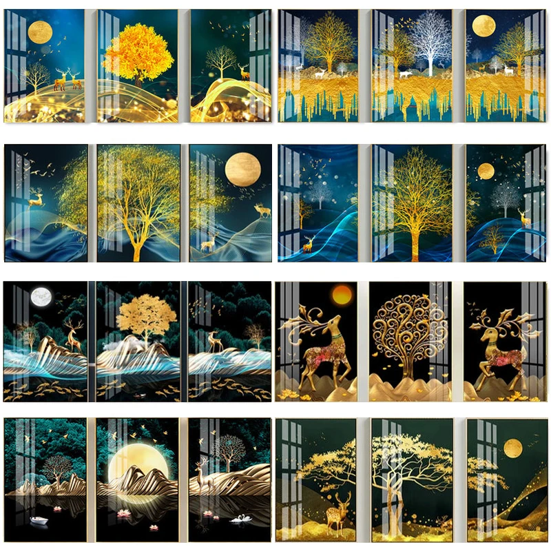 

DIY Oil Painting by Numbers Deer Trees Triptych Pictures Animal Abstract Paint Wall Sticker Coloring Landscape Gift Home Decor