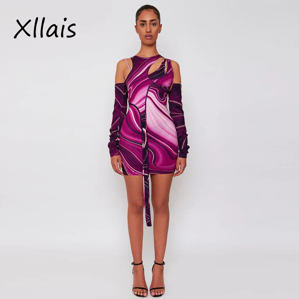 

Осеннее платье в полоску XLLAIS с принтом, одежда для ночного клуба, женская рубашка и юбка, сексуальное платье с вырезом и длинным рукавом