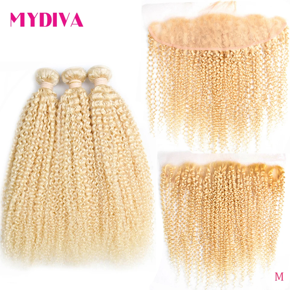 Кудрявые 613 блонд пряди с фронтальной застежкой бразильские стандартные 10 30