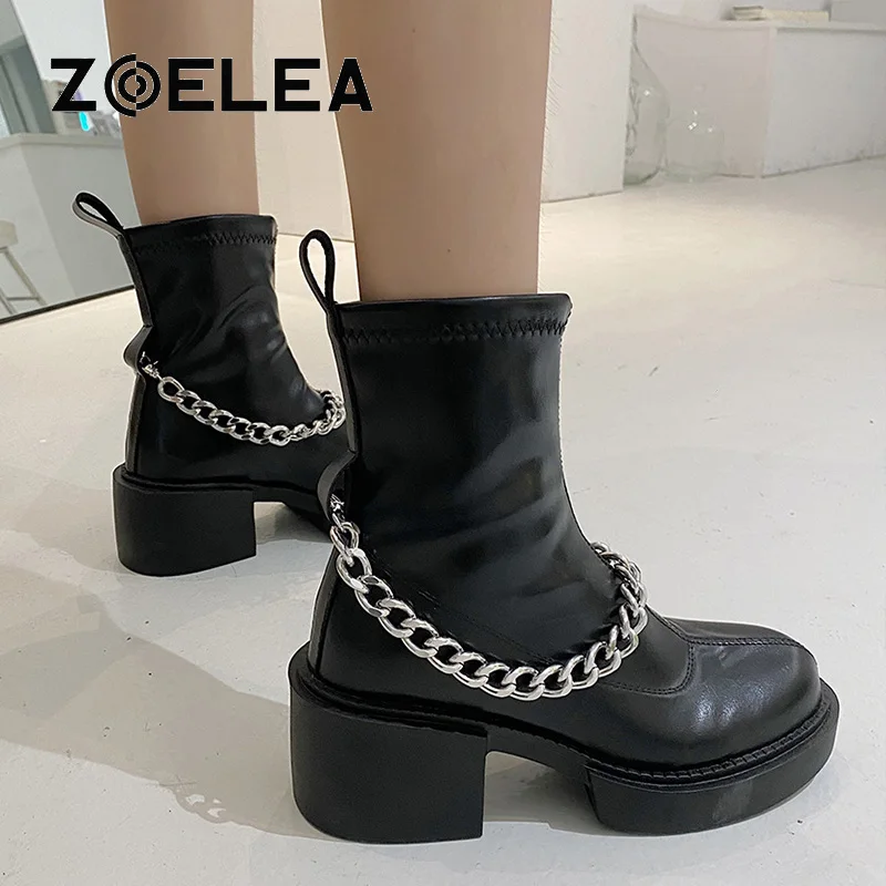 

Punk Silver Metal Chain Martins Ankle Boots Womens Chunky Thick Platform Martens Motorcycle Boots Black Shoes 39