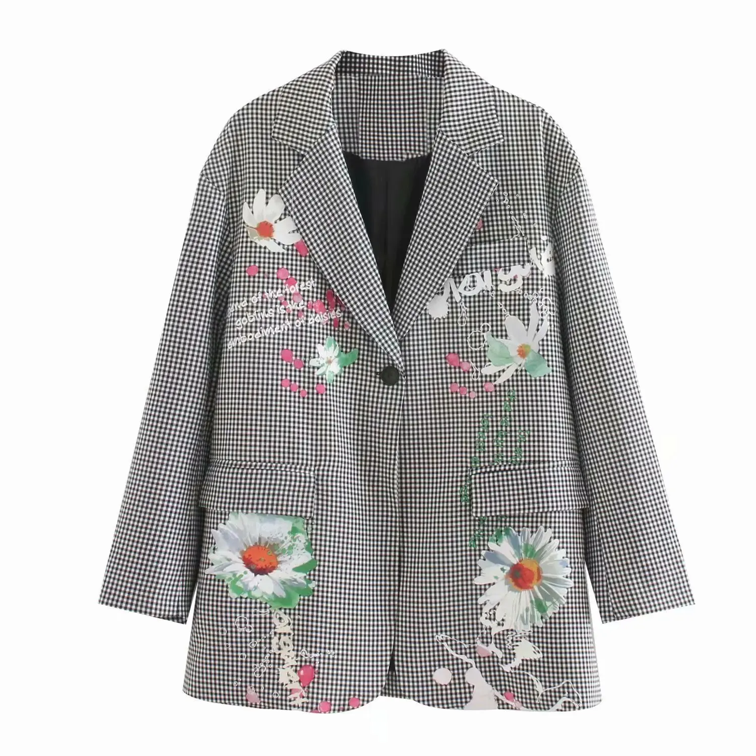 

Women Spring Autumn Plaid Daisy Floral Print Chic Casual Fashion Blazer Jacket Female Notched Collar Single Button Pocket Top