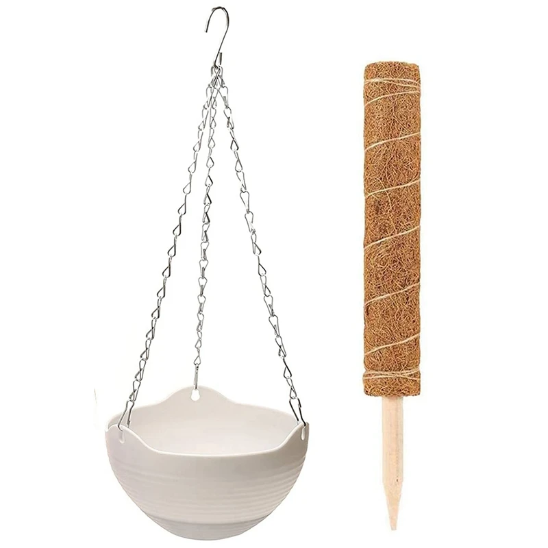 

4 PCS Hanging Planters White Flower Pot Container & 6 Pcs Plant Support Pole