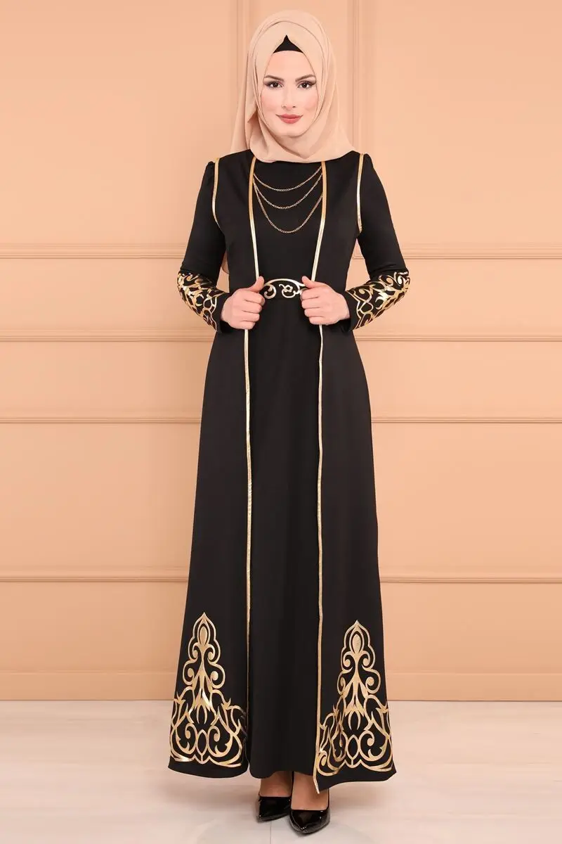 

Two Pieces Set Kaftan Abaya Dress and Vest Muslim Women Splice Applique Long Robe Kimono Juhab Middle East Arab Islamic Clothing