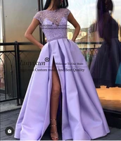 lavender scoop neck satin prom dresses a line beaded long sexy high slit court train evening gown custom made robe de soiree