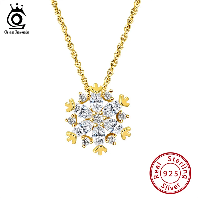 ORSA JEWELS S925 подвесок в форме снежинок к Цепочки и ожерелья Позолоченные AAAA фианит милые Для женщин кулон Рождество стерлингового серебра ювелирные украшения SN170