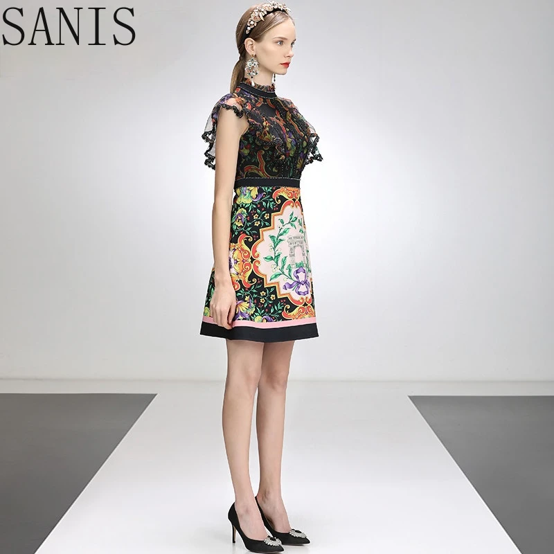 

Sanis Fashion Designer Dress Summer Women's dress Beaded Stand collar Lace Ruffles Floral-Print Short Dresses