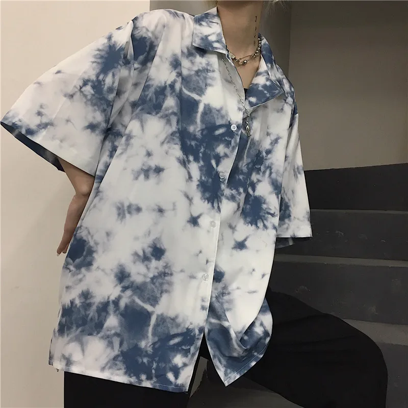 Tie Dye, Ретро стиль, хиппи, с принтом, короткий рукав, v-образный вырез, отложной, свободная блузка, летняя, Harajuku, уличная, Корейская, женская рубашка, топ, блуза