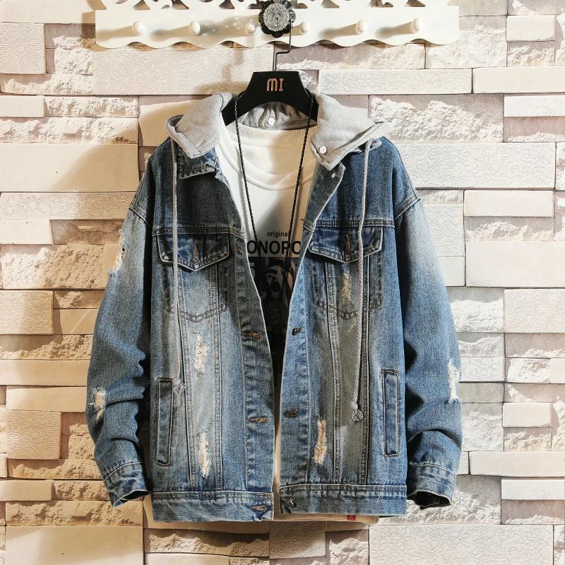 Men Basic Coat Hooded Denim Jacket Mens Winter Hip Hop Jacket For Jeans Jacket Women Denim Coat loose fit casual style