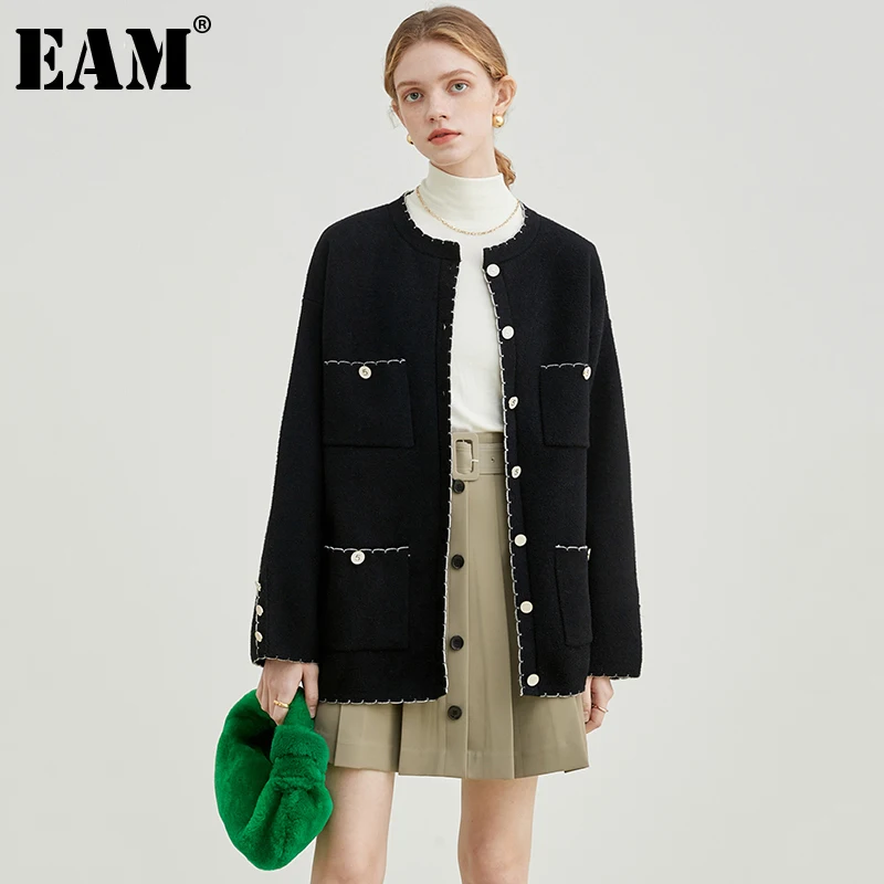 

[EAM] черный вязаный кардиган большого размера, свитер, свободный крой, круглый вырез, длинный рукав, Женская Новая мода, Осень-зима 2021, 1DE3574