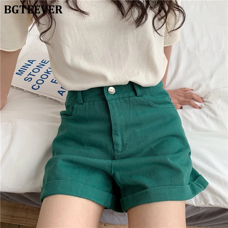 Для женщин Джинсовые шорты Классические Винтаж Высокая Талия синий широкую ногу