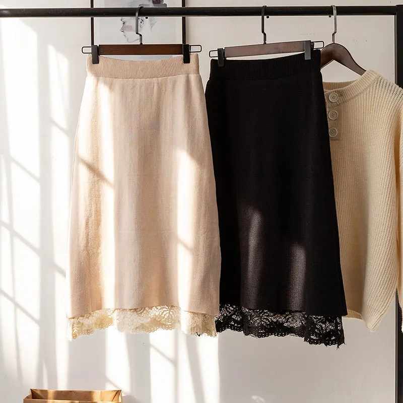 2019 High Waist Knitted Two Side Wear Women Winter Midi Lace Skirt Chic Autumn Thick Faldas Jupe Femme Saia | Женская одежда