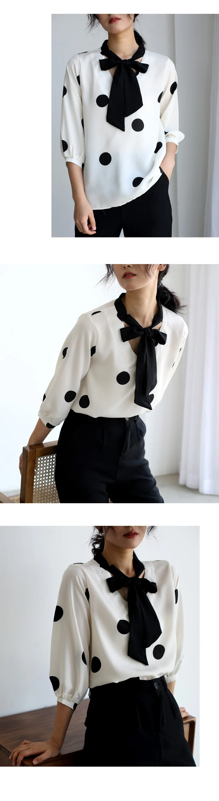 

Houthion Mid-sleeve Blouse Summer Polka Dot Bow V-neck Tops Chiffon Fashion Casual Shirt Dropshipping