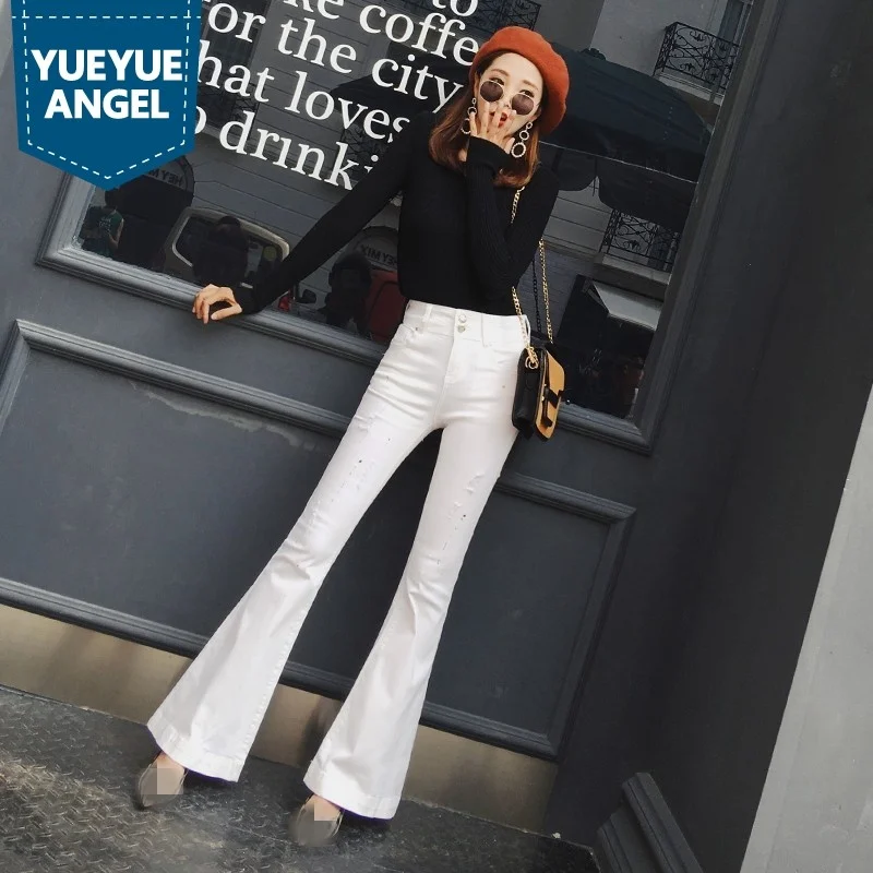 White Streetwear Ripped Hole Flare Jeans Women Spring 2022 High Waist Bell-Bottomed Pants Vintage Office Slim Denim Trousers