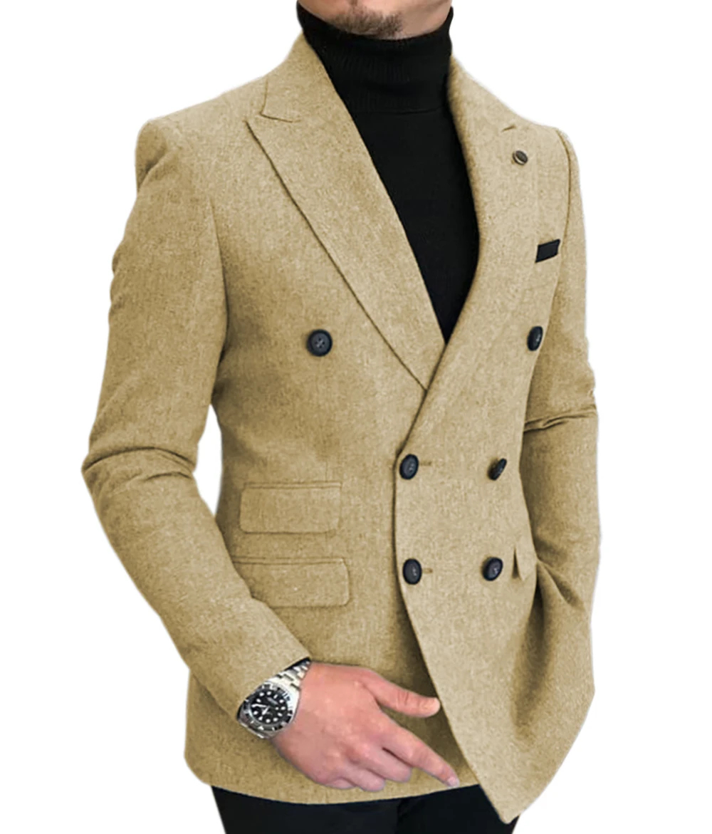 

Мужской твидовый Блейзер, деловой шерстяной пиджак, двубортный блейзер с узором для свадьбы и вечеринки