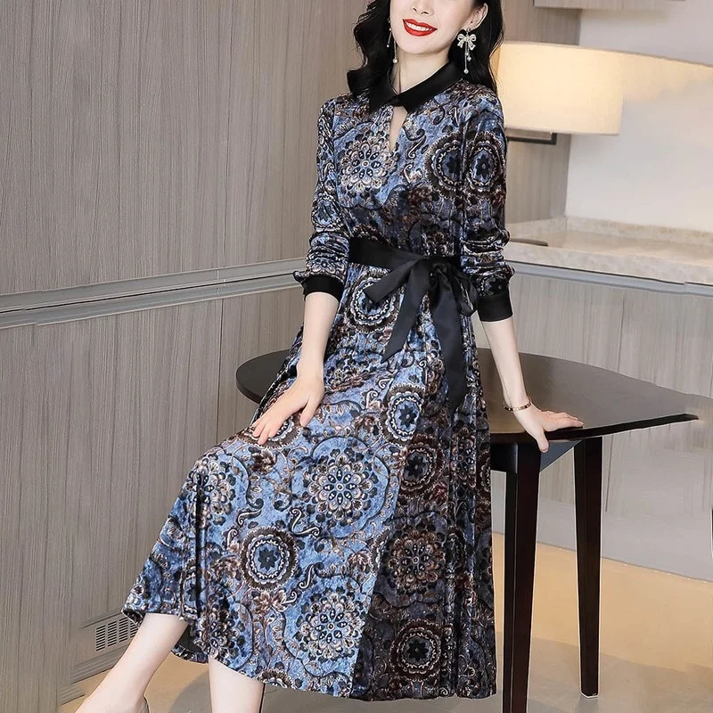 

Элегантное платье из бархата с отложным воротником, с принтом, 5XL, длинное повседневное, с высокой талией, Осень-зима размера плюс, Y974