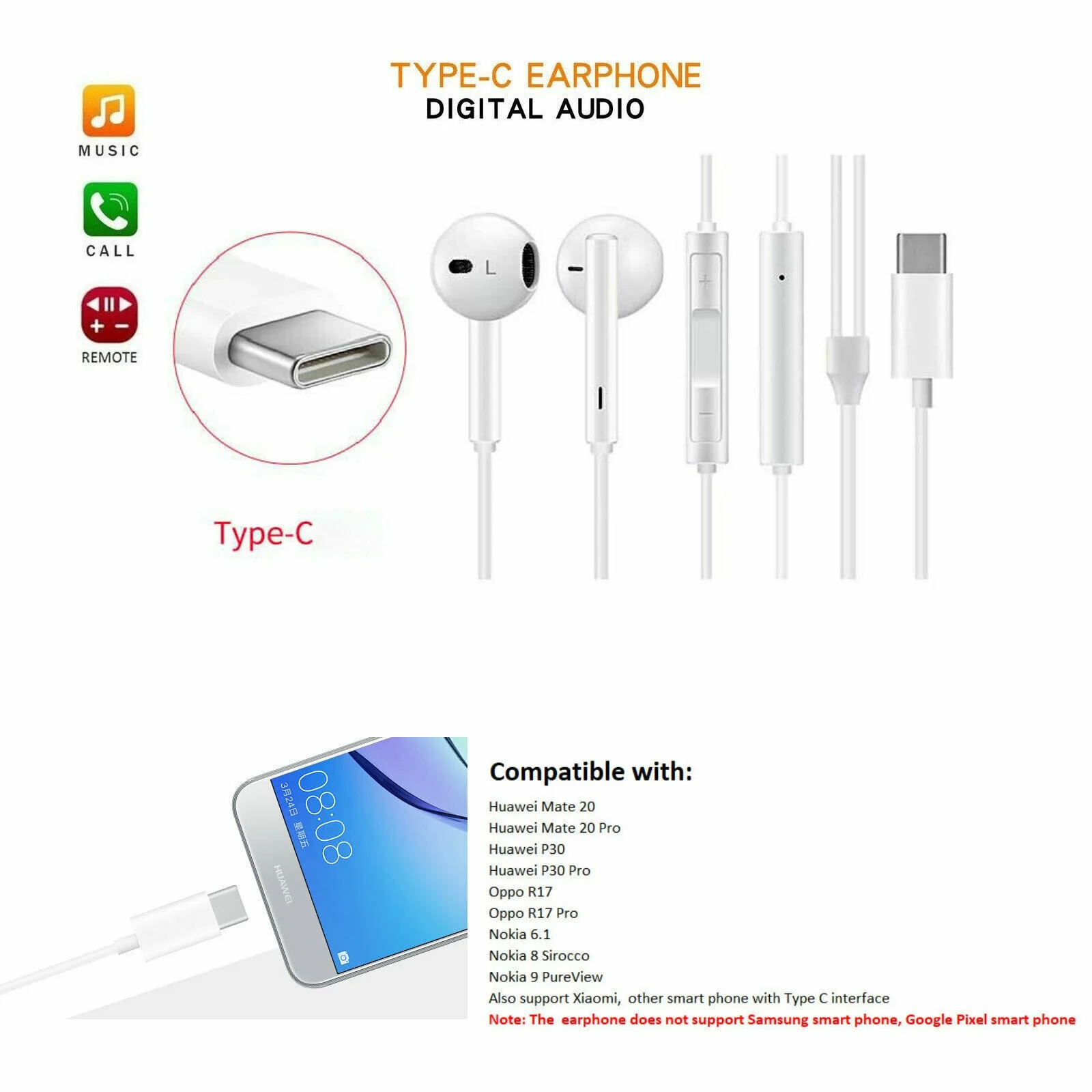 

USB Type C Handsfree Earphone for Huawei P30 P30 Pro, Oppo Smart Phone