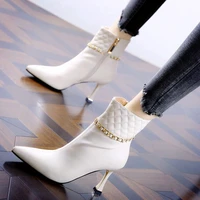 short boots womens autumn and winter 2021 new pointed toe stiletto metal chain high heel fashion boots