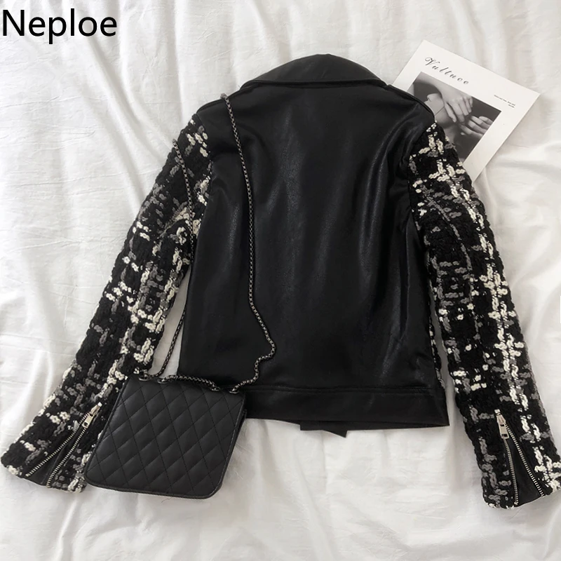 Neploe/осенне зимняя кожаная куртка в стиле пэчворк с отложным воротником и