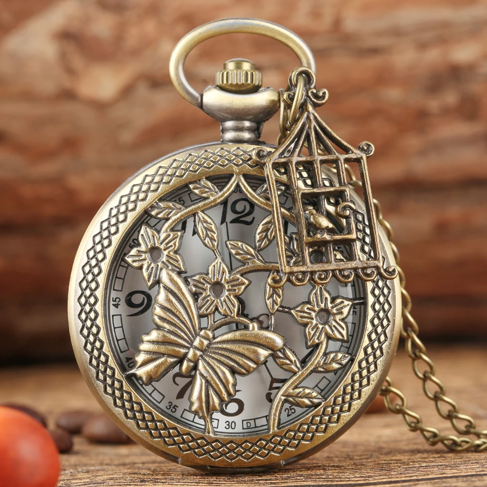 Butterfly and Flower Retro Style Necklace Pocket Watch Chain Steampunk Pendant Quartz Fob Watch Clock with Accessory stylish silver pocket watch boys harry accessory platform nine and three quarters girls utility slim chain necklace clock teens