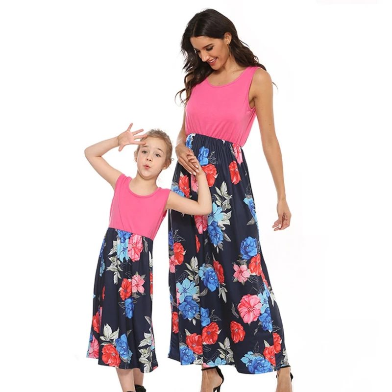 

Summer Mommy And Me Floral Dresses Casual Matching Flower Tank Maxi Long Dress Instagramable Family Outfits Sundress