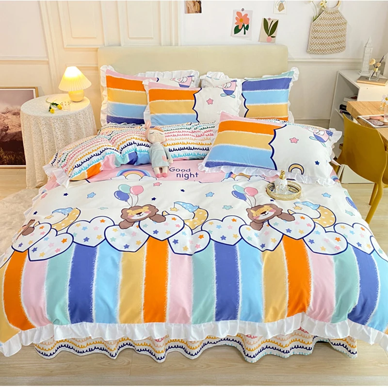 2021 Cute Lion White Bedding Set Kids Colorful Duvet Cover For Girls Bed Skirt Autumn 3/4 Pieces Lace Cartoon Linen | Дом и сад