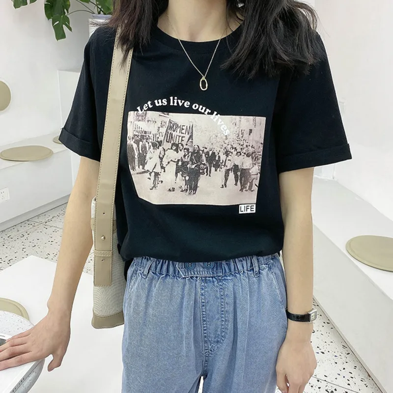 

100% Pure Cotton Vintage Print Women T-shirt 2021 Summer Round Neck Short Sleeve Loose T-shirt Fashion Casual Tops Tees 9444