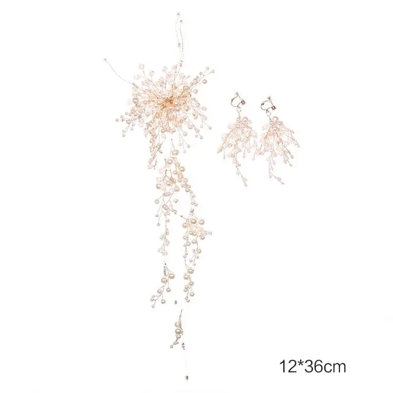 

3 Pcs/set Fashion Women Long Artificial Pearl Hair Band Earrings Set Bride Wedding Dress Accessories Headwear Earring E56A