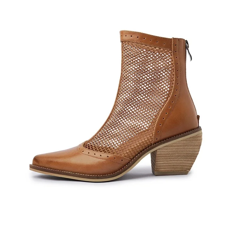 

Bullock Vintage British Style Chelsea Boots Women Spring Autumn Genuine Leather Hoof High Heels Mesh Ankle Boots Plus Size 34-42