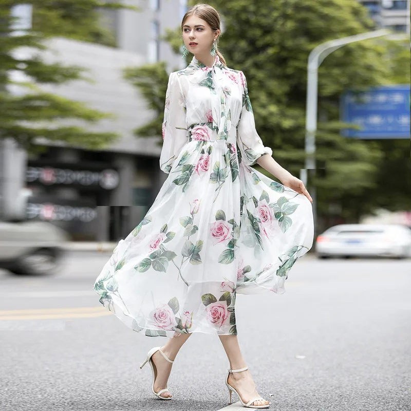 

New Summer Fashion Beach Style Chiffon Dress Flower Printing Bow Collar Designer Female Women A-line Dresses