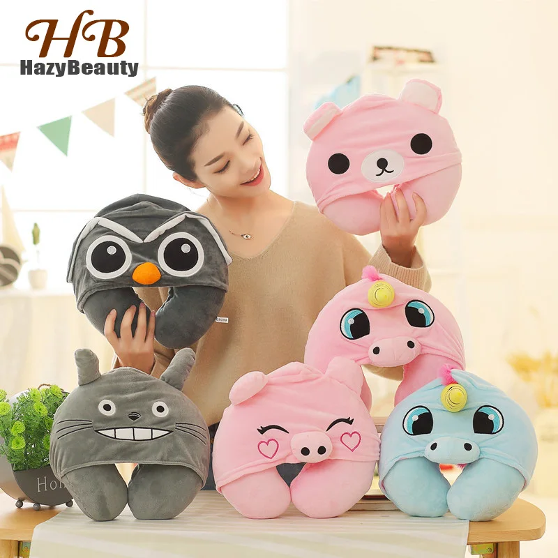 Дорожная U образная подушка с капюшоном милый мультяшный рисунок единорога