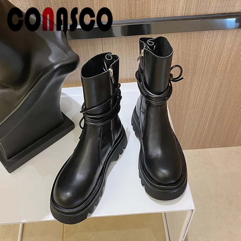 

CONASCO 2021 Brand Design Women Short Boots Autumn Winter Warm Cow Leather Hign Quality Shoes Woman Classic Design Woman Boots