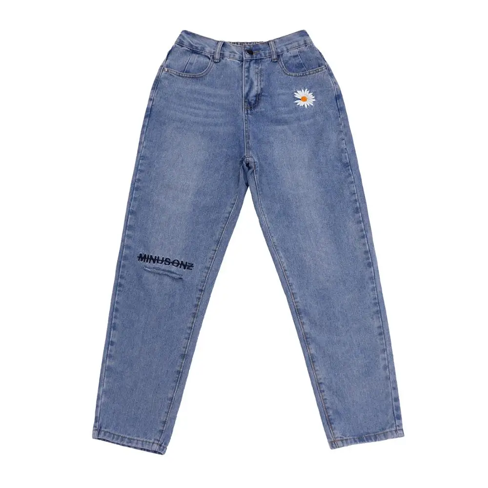 Осень зима 2020 новые джинсы с вышитой маргариткой для папы женские повседневные