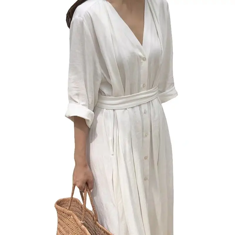 

2021 Spring Summer Women Dress Vintage Elegant A-Line Fold Pleated Big Hem Bottoms Lace Up V-Neck Wrist Long Dress