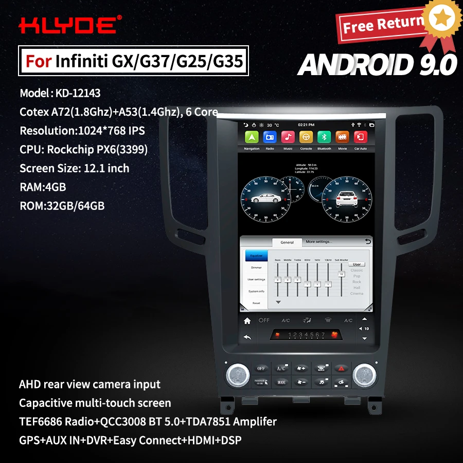 Tesla Style Car Audio For Infiniti GX G37/G25/G35 KD-12143 KLYDE Android 9 PX6 Vertical Screen 12.1&quot Aftermarket Radio Head Unit |