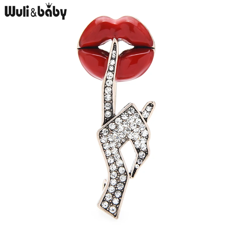 

Wuli&baby Rhinestone Hand Enamel Lip Brooches Women Sexy Secret Pose Party Office Casual Brooch Pins Gifts