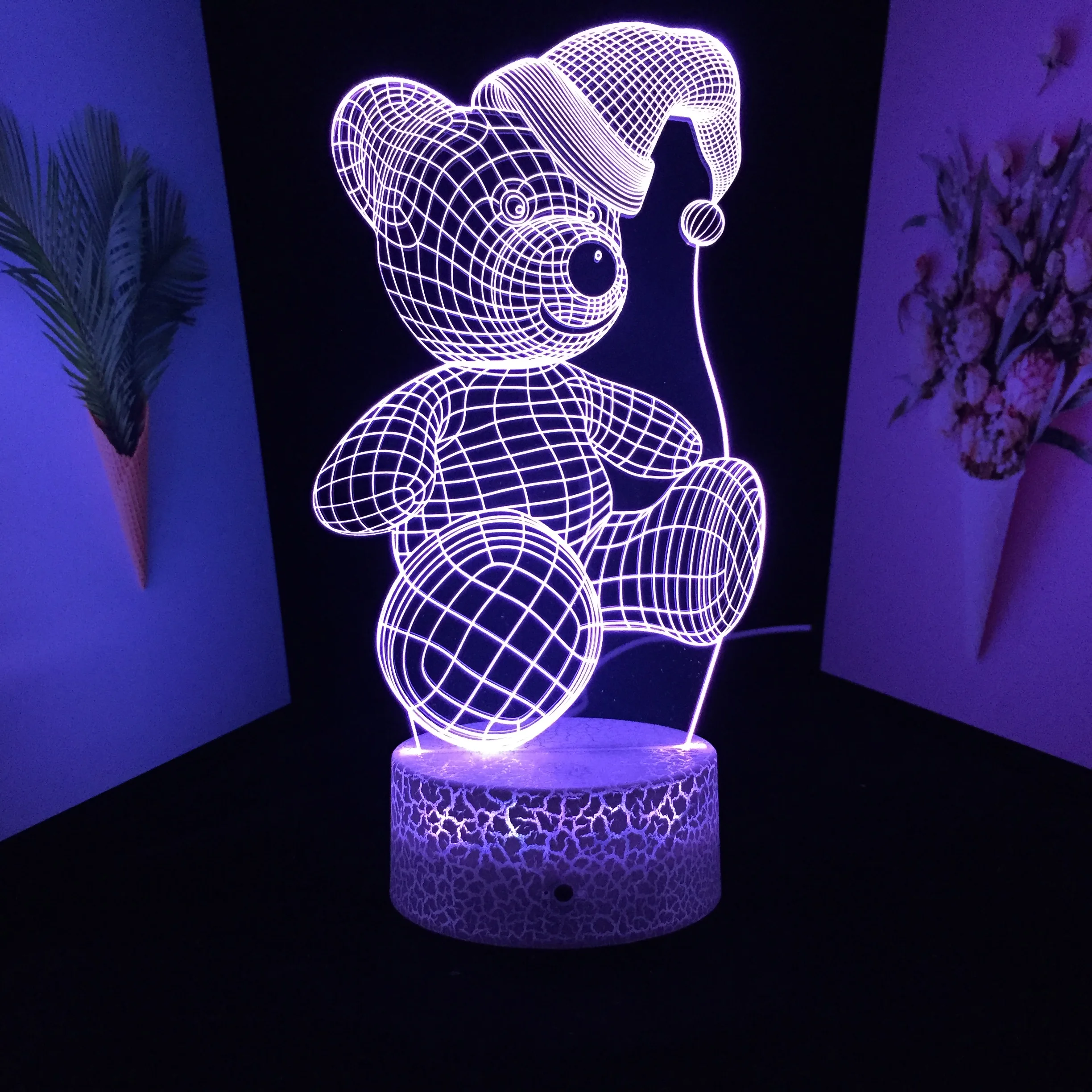 

Animal Series Bear Wearing Christmas Hats 3D Lamp Visual Illusion 7 Color Changes With Remote Control USB Charging Touch Switch
