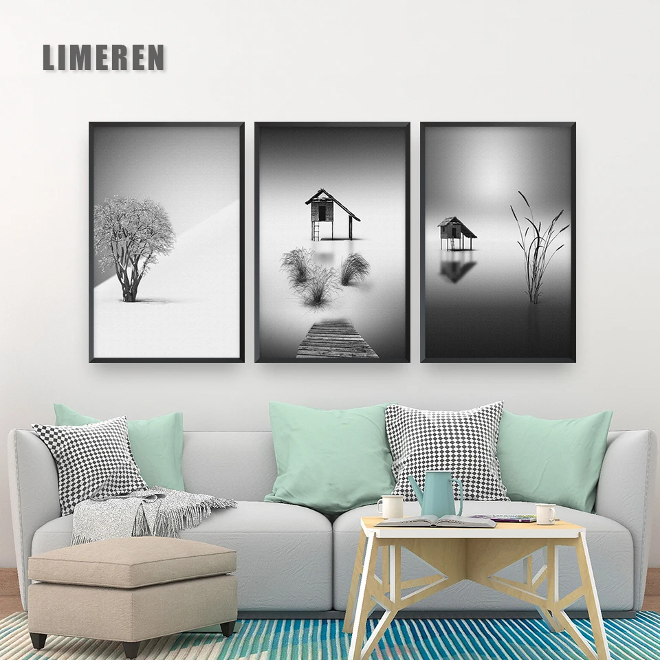 Настенная картина в скандинавском стиле акварельный ландшафт черная Чайка