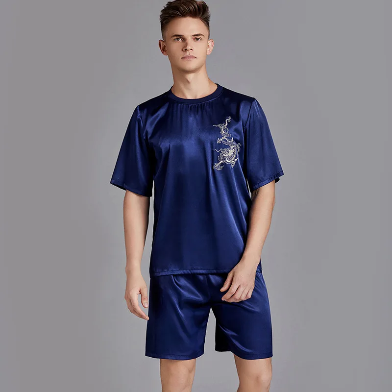 

Summer Mens Pajamas Sets Two Piece Set Pajamas Short Sleeve Short Pant Silk Sleepwear Dragon Suits T Shirts Shorts Big Size