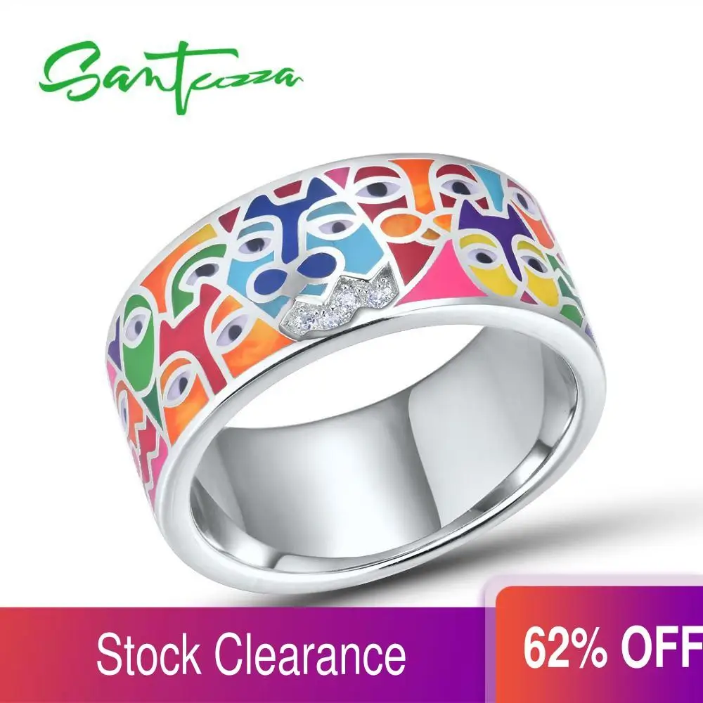 

SANTUZZA Silver Rings For Women 925 Sterling Silver White CZ Handmade Enamel Lovely Cat Unique Trendy Ring Party Fashion Jewelry