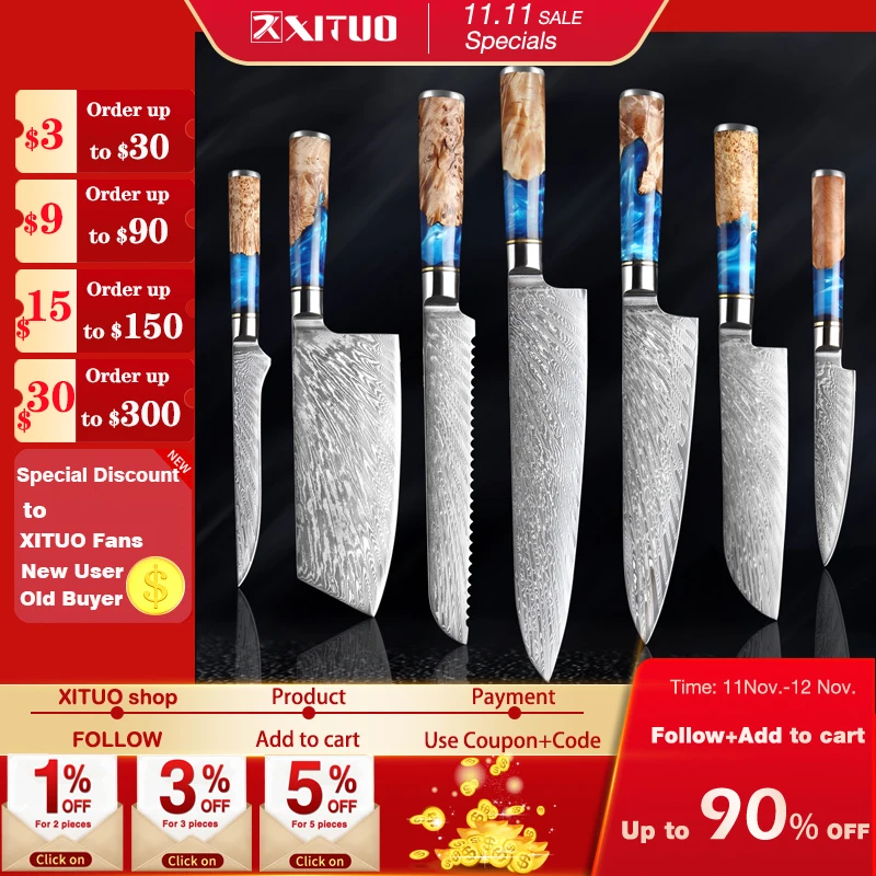 Набор кухонных ножей XITUO из дамасской стали VG10 шеф-повар мясницкий нож для