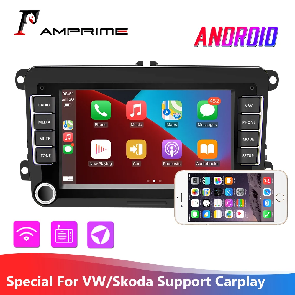Автомагнитола AMPrime, мультимедийный плеер на Android, с GPS, Wi-Fi, для VW/Skoda/Seat/POLO/PASSAT/JATTA, типоразмер 2 Din