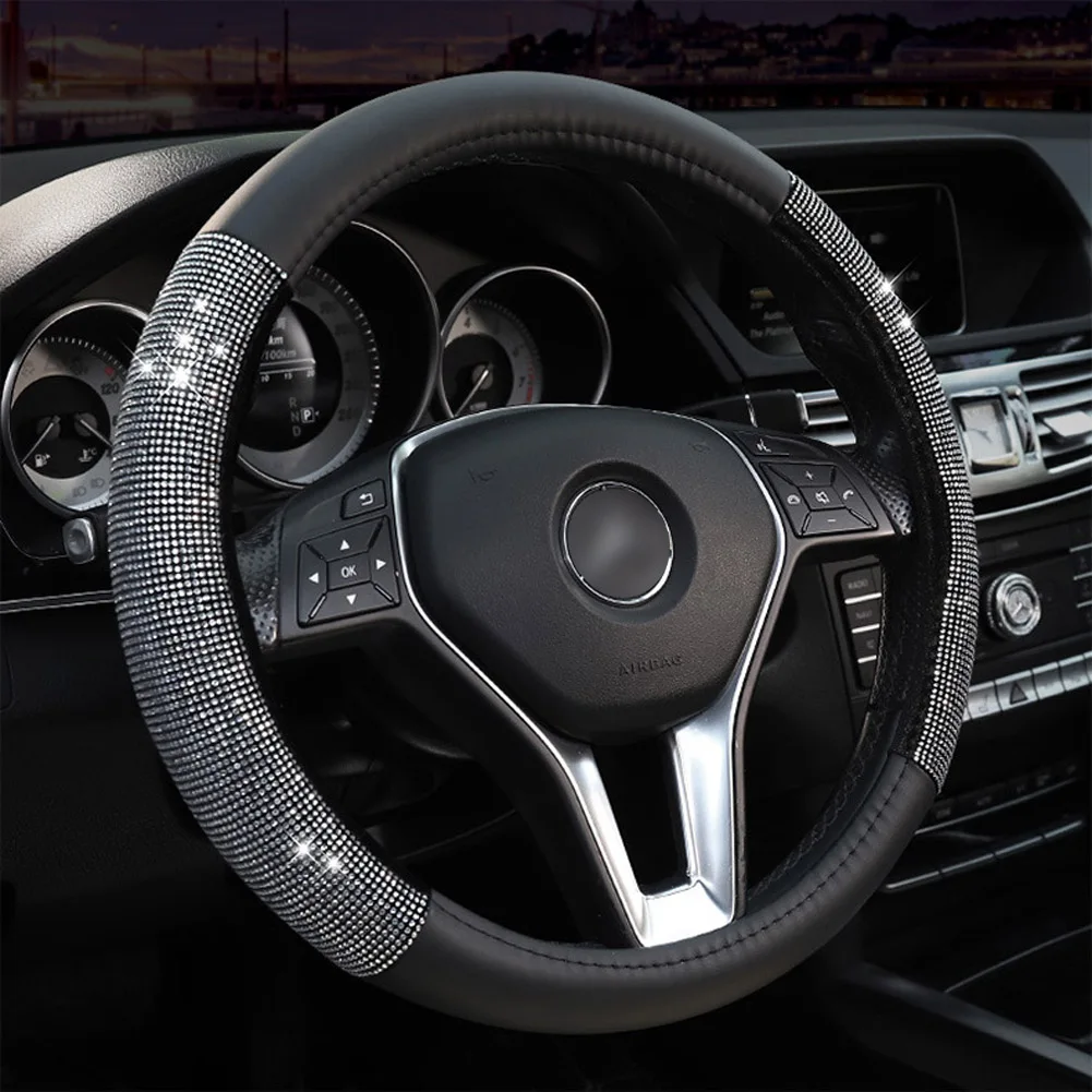 

Four Seasons Universal PU Leather Steering Wheel Cover Bling Bling Crystal car accessories Best Steering wheel covers for you